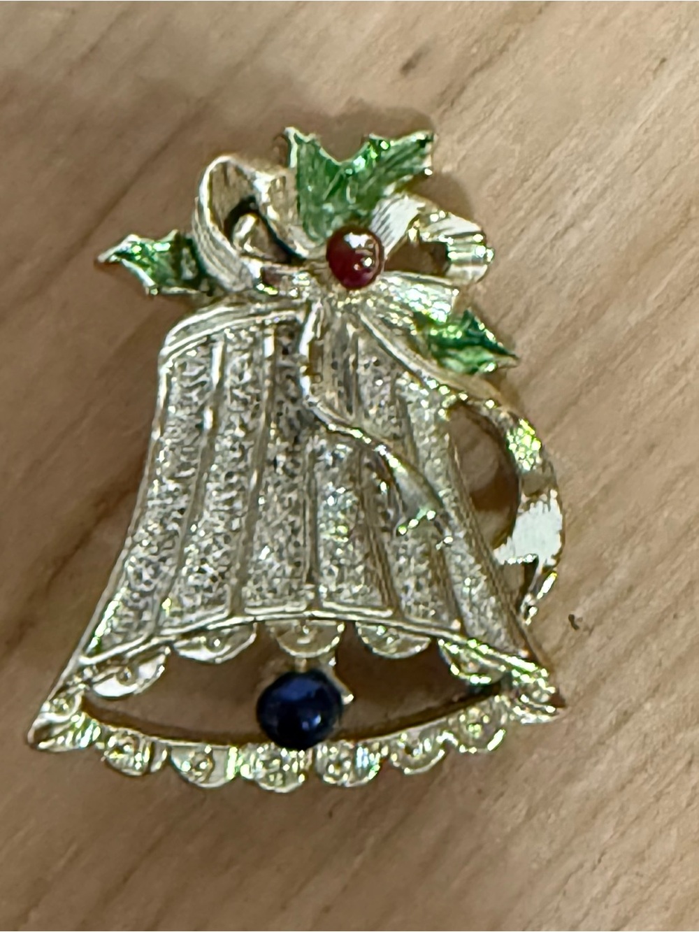 Vintage Signed GERRY'S Gold-Tone Christmas Bell Brooch with Enamel Holly